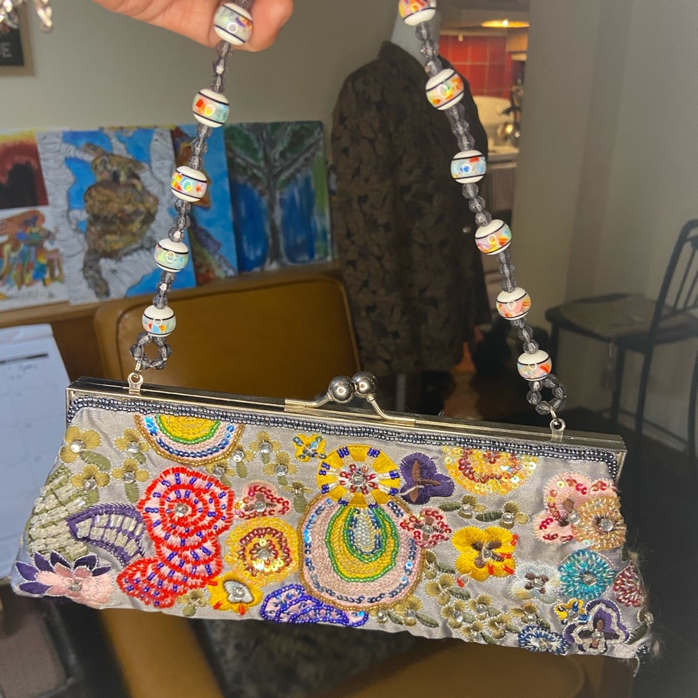 Colorful Embroidered Clutch with Beaded Handle